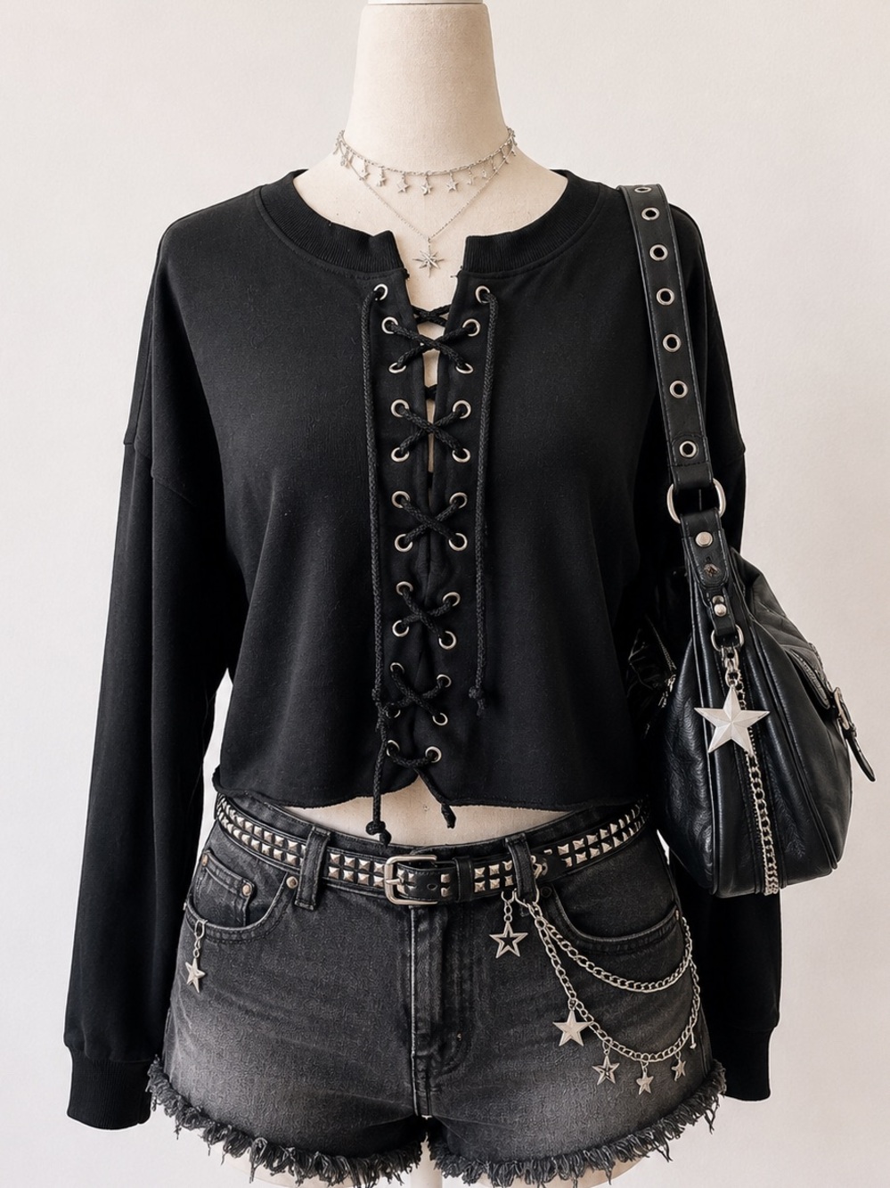 Black Lace-Up Cropped Long-Sleeve Top - Women's